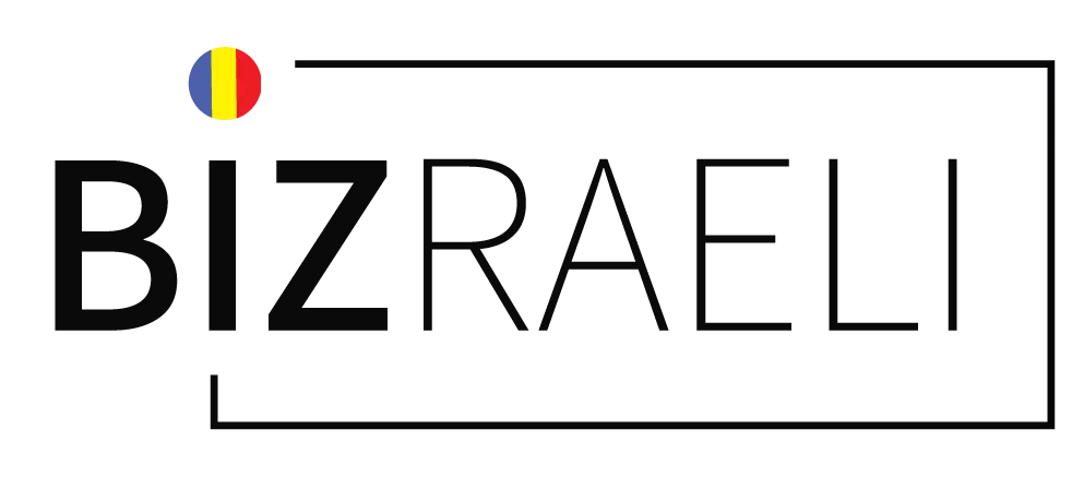 logo bizraeli, the brand name seround be a thin black line and on the top left there is Romanian flag in a circle