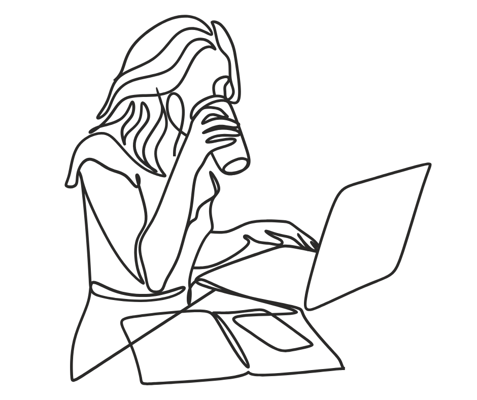 Line drawing of a woman drinking coffee while working on a laptop, with papers and a phone on the desk